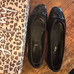 French Sole Black Suede Ballet Flats with Croc Tip Size 9